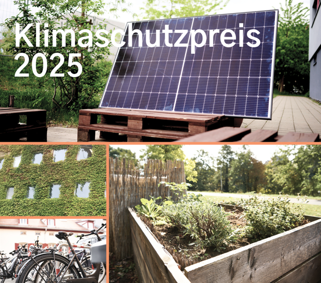 Bilder zum Klimaschutzpreis mit Balkonkraftwerk, Fassadenbegrünung, Fahrräder und einem Hochbeet
